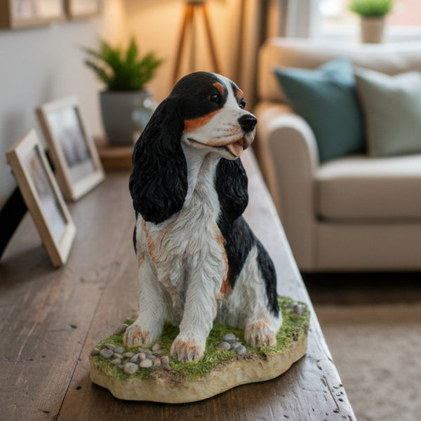A figurine of a Tri colour Cocker Spaniel dog sitting on a textured grassy base with small stones