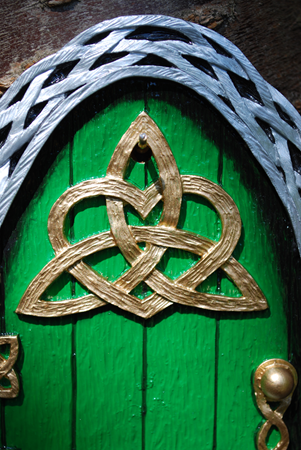 Large Celtic Fairy Door Painted Green with Trinity Knot Symbol - Size 7.5" High