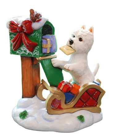 Christmas Westie Posting Santa's Letter at Festive Post Box Figurine - Size 4.5" high - Hand Painted Gift by Peakdale Sculptures
