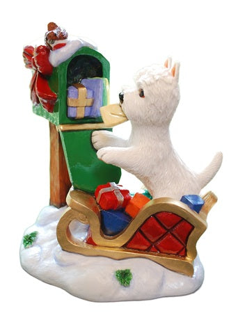 Christmas Westie Posting Santa's Letter at Festive Post Box Figurine - Size 4.5" high - Hand Painted Gift by Peakdale Sculptures