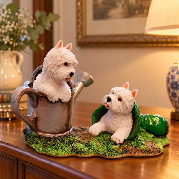 Westie Pups Garden Adventure Figurine with Watering Can & Green Wellington Boot