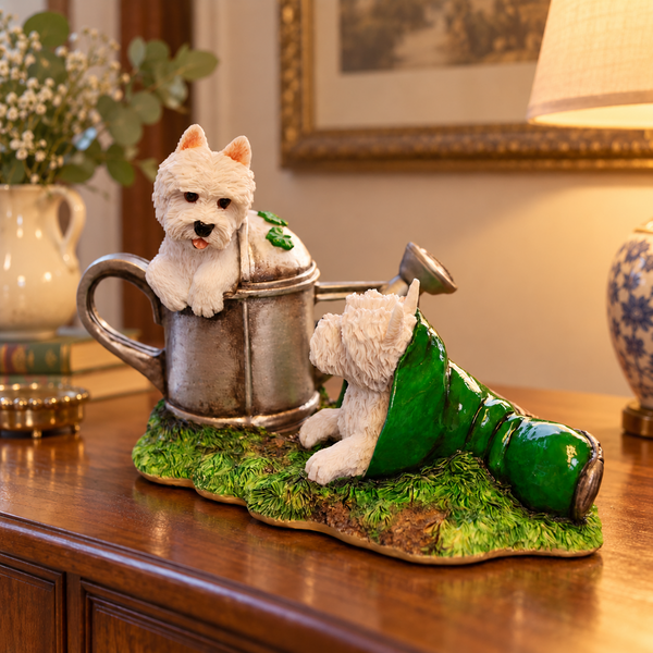 Westie Pups Garden Adventure Figurine with Watering Can & Green Wellington Boot