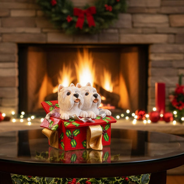 Westies Playing in Christmas Box, 3 Inch high, Hand Painted