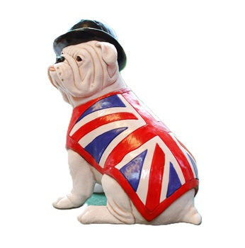 White British Bulldog Figurine with Union Jack Waistcoat and Bowler Hat Handmade and Painted In England