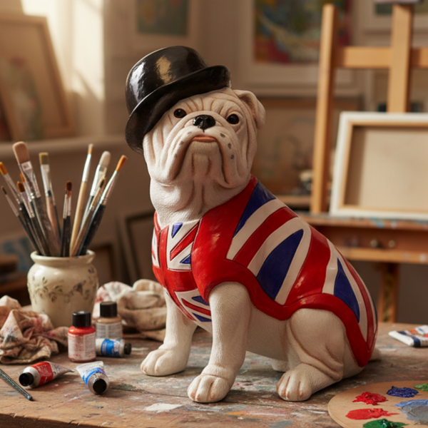 A resin detailed bulldog figurine wearing a black bowler hat and a red, white, and blue Union Jack shirt, displayed on a painter's workbench surrounded by paint tubes, brushes, and an artist's palette in a sunlit studio.