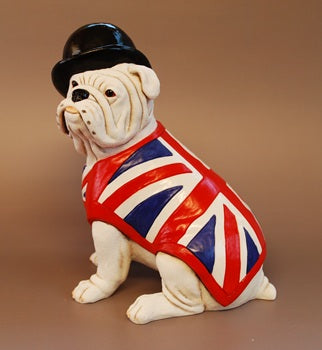 White British Bulldog Figurine with Union Jack Waistcoat and Bowler Hat Handmade and Painted In England
