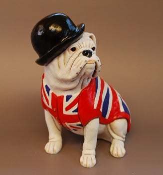 White British Bulldog Figurine with Union Jack Waistcoat and Bowler Hat Handmade and Painted In England
