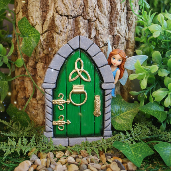 Celtic Fairy Door Painted Green with Trinity Knot - Size 10cm high - In or Outdoors