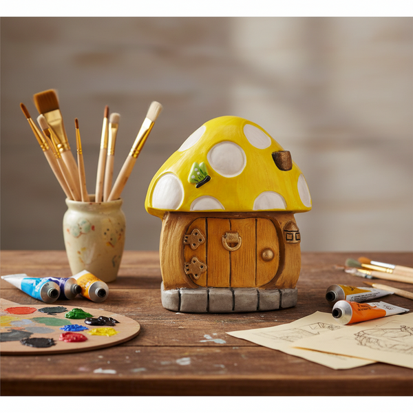 A small mushroom-shaped decorative house figurine with a bright yellow cap, white polka dots, a wooden-textured door, and a grey stone base,