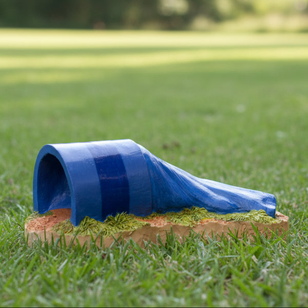 A flat, tunnel-shaped dog agility trophy with blue and green 