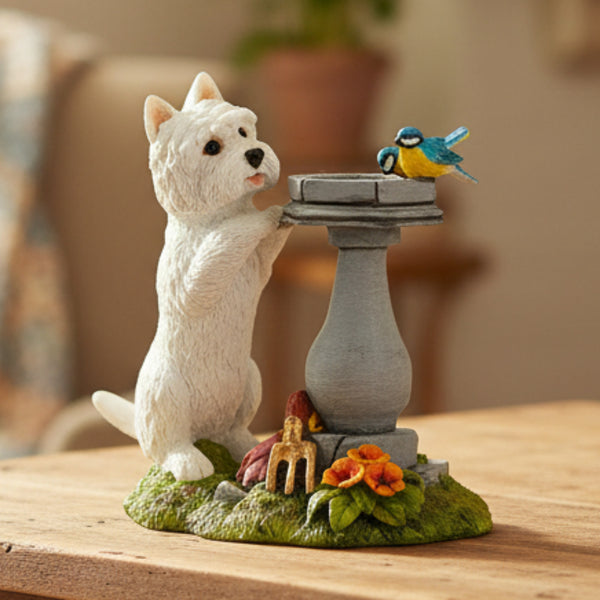 Westie at water fountain without base