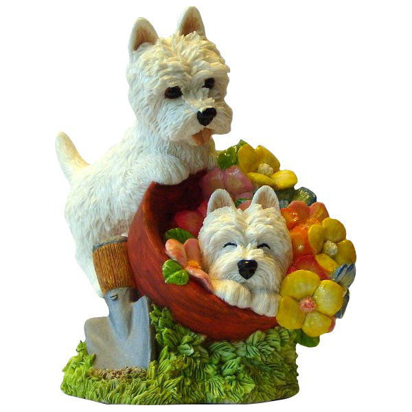 Westie Pups In Garden Flower Pot Figurine Gift